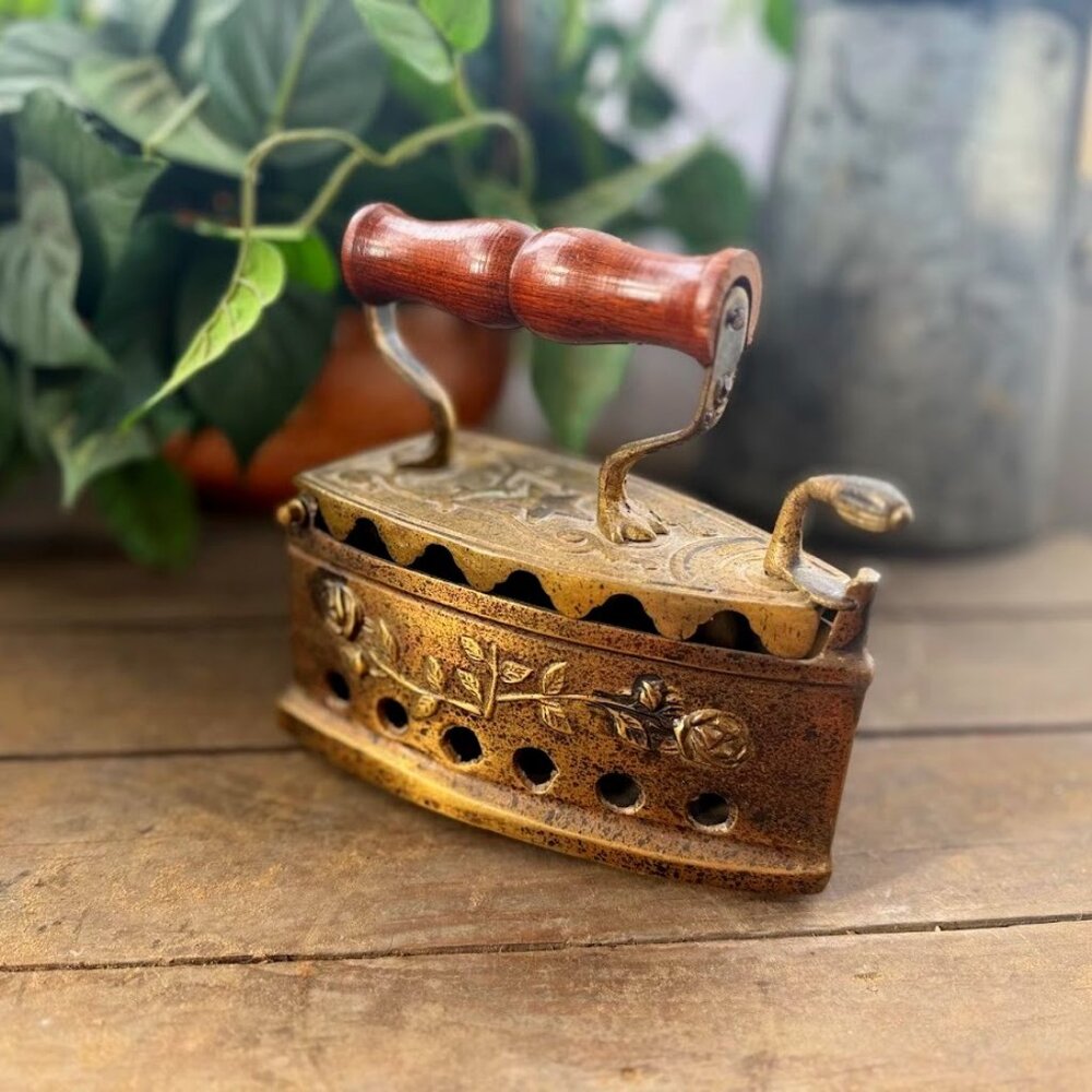 Antique Brass Coal Iron with Wood Handle